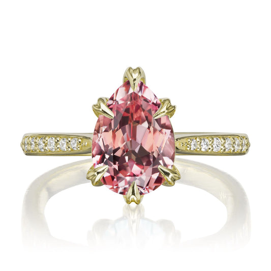 ::color_yellow ::| 2.85ctw pear peach sapphire engagement ring Petra yellow gold diamond shank front view